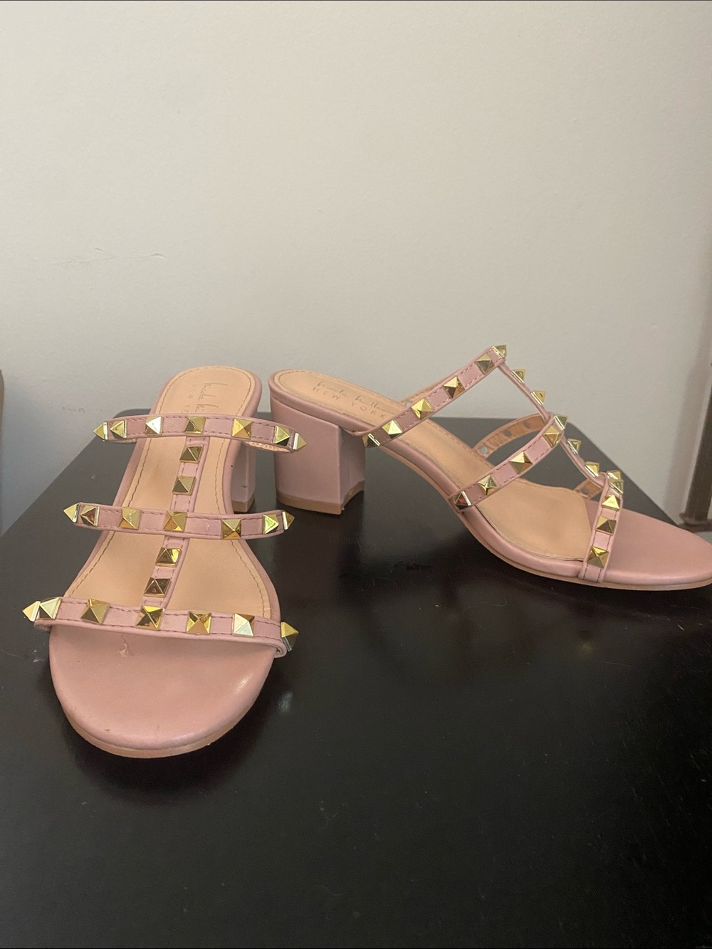 Nicole Miller Blush Pink Studded Block Heel Mules